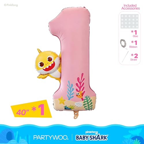 Image of PartyWoo Baby Shark Pink Foil Number 1 Balloon 40 Inch Pink Mylar Helium Birthday Number Balloons for Girls and Boys Baby Shark Under the Sea Ocean Theme Kids First Birthday Party Decorations
