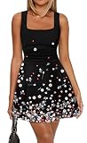 OFEEFAN Sun Dresses for Women Summer Sundress Floral Dress for Women Sleeveless Square Neck Ruched Waist Short Mini Dress XL