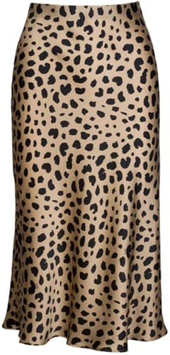 Soowalaoo High Waist Leopard Midi Skirt Hidden Elasticized Waistband Silk Satin Skirts (Leopard, M) #TOP1
