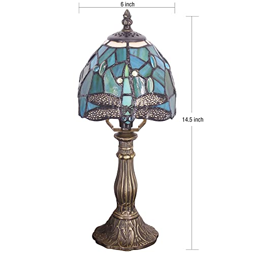 Rhlamps Small Tiffany Lamp Stained Glass Table Lamp Green Blue Dragonfly Style, 14" Tall Luxury Mini Accent Lamp, Memory Lamp For Bedroom Living Room Library #TOP2