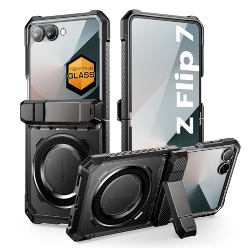 SUPCASE for Samsung Galaxy Z Flip 7 Case with Stand & Front Screen Protector (Unicorn Beetle Grip), [Support MagSafe] [Hinge Protection] Full Body Military-Grade Translucent Back Phone Cover, Black