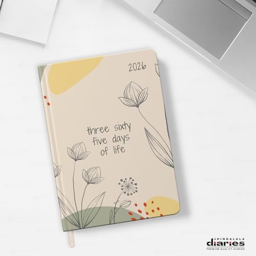 Image of Jhingalala Diary 2026 - Floral Theme Printed Hard Bound Daily & Monthly Planner 2026 with Monthly Index Cut and Ribbon Bookmark | 1 Day to a Page Format | 365 Dates Personal Diary | Size 21x15 cm