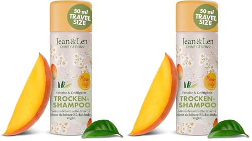 Jean & Len mini champú seco frescor y agarre, sin raíces grasas, sin residuos blancos, fragancia afrutada de mango, para todo tipo de cabellos, tamaño viaje, sin parabenos ni siliconas, vegano, 50 ml