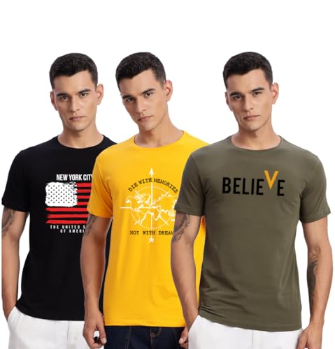 Image of ADRO 100% Cotton Lycra Tshirts for Men Combo Pack of 3 | Regular Fit | Printed T Shirt | Round Neck Half Sleeve| Mens Tshirts