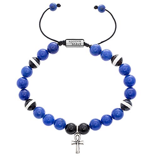 Steve Madden Simulated Blue Beaded Cross Charm Adjustable Bracelet for Men in Stainless Steel (Blue), One Size (SMBS483789BS)