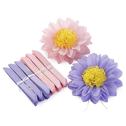 Pink Purple Paper Flowers Tissue Paper Pom Poms Sunflower Daisy Flowers for Party Decorations, 10 Inch, Pack of 18