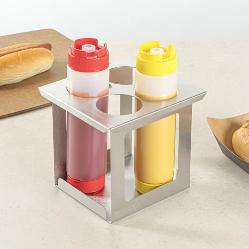 Restaurantware Squeeze Bottle Holder 1 Count 6.30 x 7.01 x 6.26 Inches Stainless Steel Condiment Organizer - Four-Hole Durable Kitchen Rack - Silver Prep Station Organizer by Restaurantware - Image 6