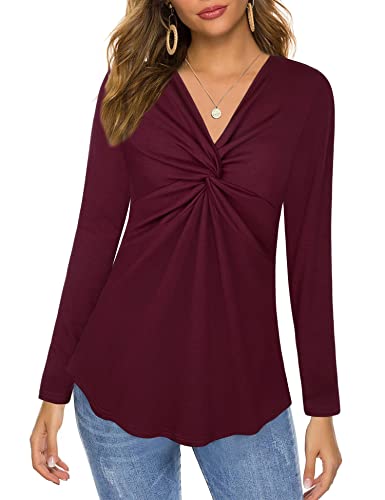 Siddhe Langarm Damen Bluse Elegant Festlich Sexy Oberteile Casual Tunika Tops Twist Front Lässig Hemd Longshirt A-Linie Baumwoll Basic T-Shirt Herbst Winter 2022 Damenblusen,Weinrot XXL Cover