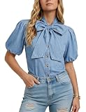 Denim Shirt Women Bow Tie Neck Denim Top Button Down Short Puff Sleeve Work Blouse Casual Jean Shirt
