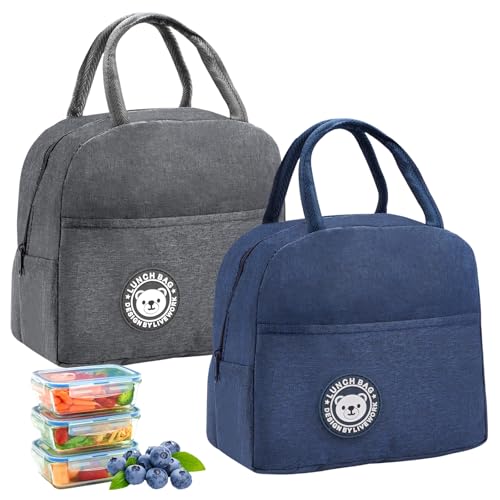 2 Piezas Bolsa Termica Porta Alimentos Pequeña 7L Bolsa Porta Alimentos,Lunch Bag,Bolso Termico Hermética e Isotérmica,Porta Fiambrera para Almuerzo, Oficina, Viaje, Pícnic o Colegio,Azul marino/Gris