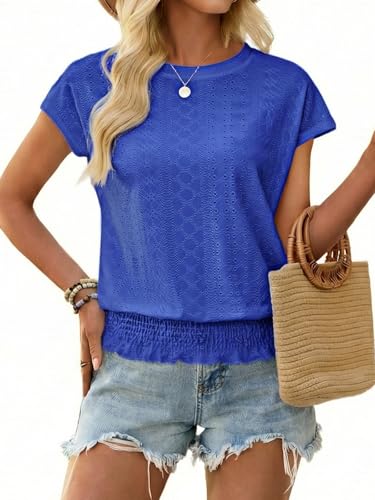 Image of Women's Summer Short Sleeve Eyelet Tops Daily Casual Crewneck T Shirts Elastic Waist Smocked Blouses