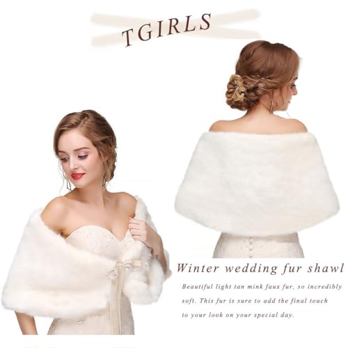 Tgirls Women's Wedding Faux Fur Shawl and Wrap with Ribbon Bridal Fur Stole Fur Scarf for Bride and Bridesmaids2
