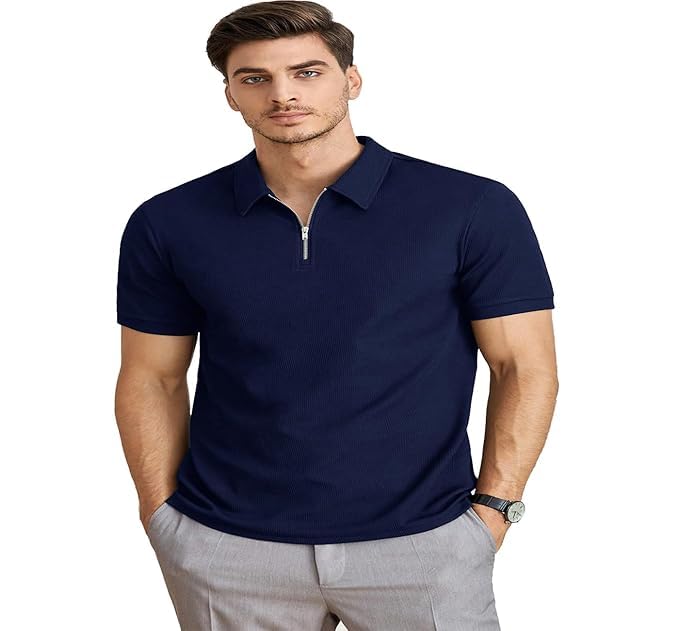 o3e || Men's V-Neck with Zip Closure Type T-Shirt Men's Regular Fit, Half Sleeve, Collared T-Shirt for Men ||-picture-37