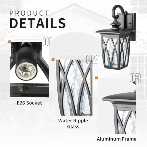 Image of JYZ Dusk to Dawn Outdoor Wall Lantern, Craftsman Style Exterior Sconce Light with Water Ripple Glass, Traditional Porch Light Fixture Wall Mount Lamp for Front Porch Doorway Garage Patio Garden 14''