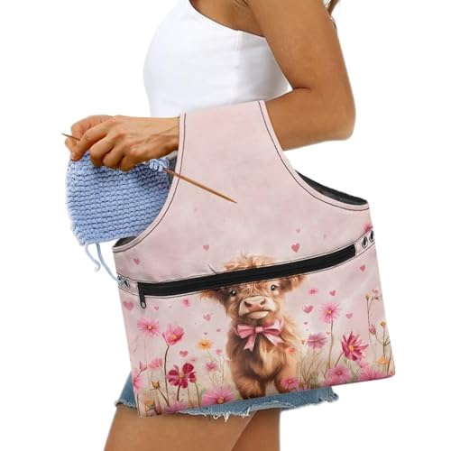 Image of KUIFORTI Highland Cow Yarn Bag Pink Flower Portable Crochet Bag Organizer Portable for Crocheting Knitting Accessories Home Valentines Day Women Gifts