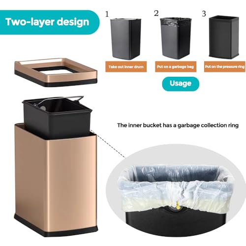 Image of 4.7 Gallon /18L Brushed Gold Bathroom Trash Can, Open Top Slim Dual Wastebaskte Simple Human Stainless Steel Garbage Can for Commercial Home Kitchen Office (18L Champagne Gold)