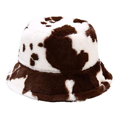 Entireface Fluffy Bucket Hat for Women, Cow Print Winter Hat Faux Fur Warm Hat Cute Pattern Fisherman Cap Ladies Vintage Church Hat Holidays School Shopping, B Brown, One Size Cover
