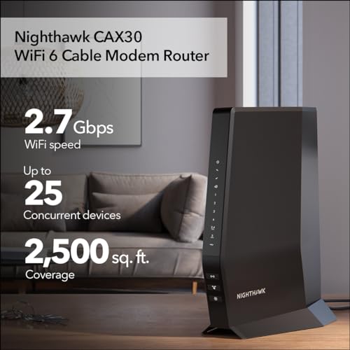 NETGEAR Nighthawk Modem Router Combo (CAX30) DOCSIS 3.1 Cable Modem and WiFi 6 Router - AX2700 2.7 Gbps - Compatible with Xfinity, Spectrum, Cox, and More - Gigabit Wireless Internet