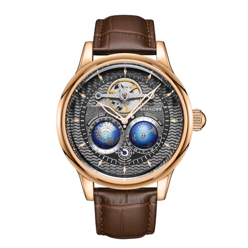 Image of SEAKOSS Watches for Men Automatic Mechanical Luxury Flywheel Watch 3D Double Globe Stainless Steel Case Men Wrist Watch