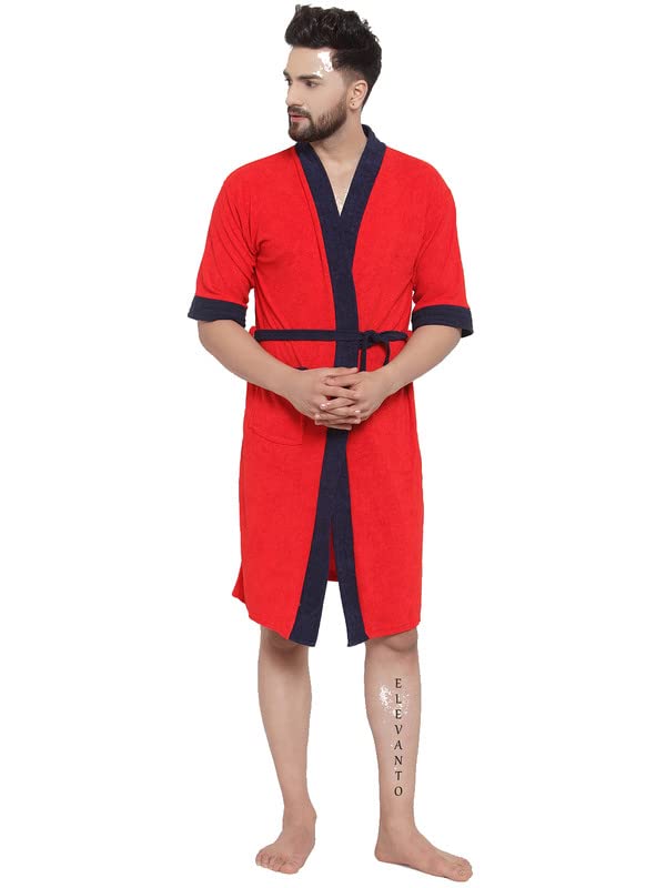 ELEVANTO PREMIUM DRY TECH TERRY MATERIAL 3/4 SLEEVE WITH FRONT POCKET BATHROBE FOR MENS(RED WITH NAVY STRIPS)