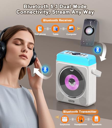 Image of Greadio Portable Bluetooth CD Player with RGB Lights & Speakers (White)