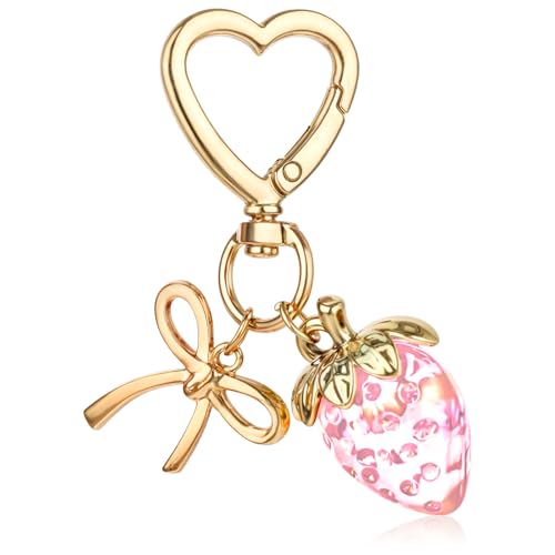 Apausvcm Strawberry Keychain Cute Strawberry Bag Charms for Women Girls Bow Heart Key chains Strawberry Themed Charm Accessories for Handbags Bag Purse Wallet Cellphone Car (Pink)