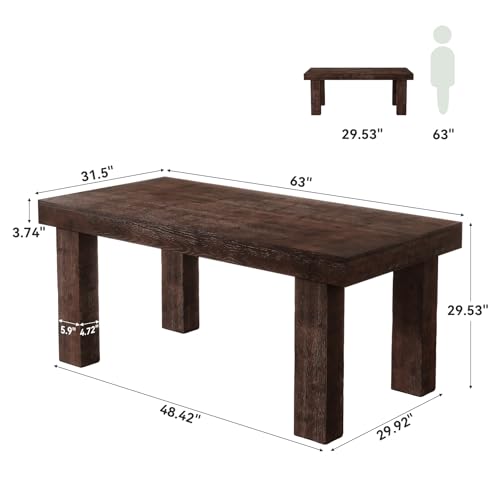 TRIBEWOOD Solid Wood Dining Table for 4-6, 63-Inch Farmhouse Kitchen Table with Heavy Duty Legs, Wooden Rectangular Dinner Tables for Kitchen & Dining Room, Walnut Brown - image 2