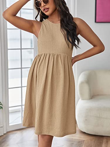 Oyoangle Women's Maternity Round Neck Sleeveless A Line Flared Pregnancy Tank Dress Khaki M #TOP2