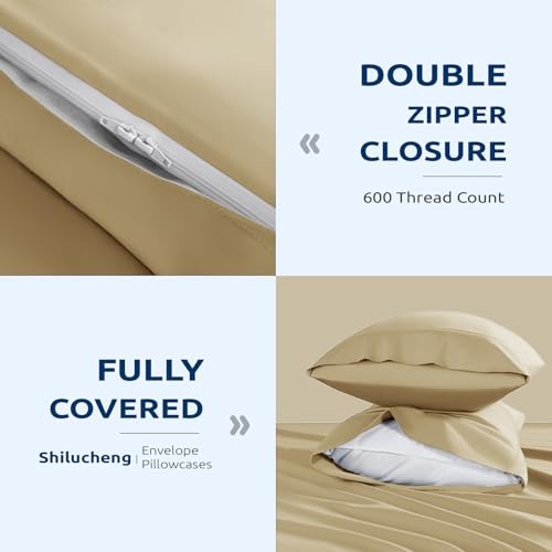 Shilucheng 100% Cotton Queen Size Duvet Covers - 600 Thread Count, Luxury Sateen Weave Egyptian Cotton Comforter Cover with Zipper Closure & Corner Ties,Hotel Bedding Duvet Covers 3 Piece (Beige)