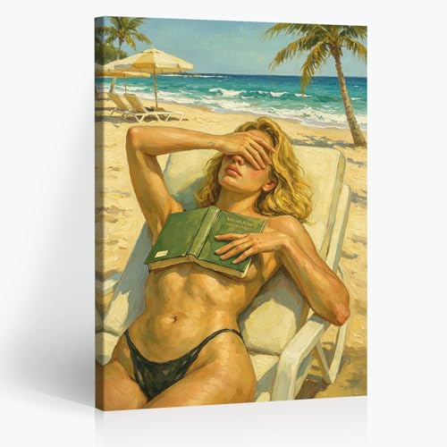 Golden Hour Beach Woman Poster, Oil Painting Style Art, Tropical