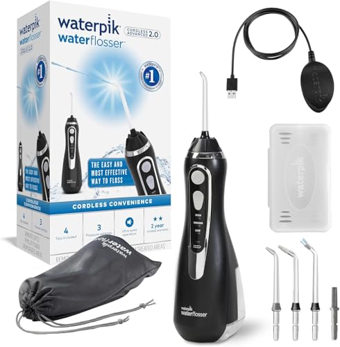 Waterpik Irrigador Dental Eléctrico con 3 Posiciones de Control del Agua a Presión con Cargador USB, Eliminación de Placa Dental óptimo para Viajar y para Baños Pequeños, Negro (WP-582EU)