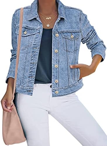 luvamia Women's Basic Button Down Stretch Fitted Long Sleeves Denim Jean Jacket