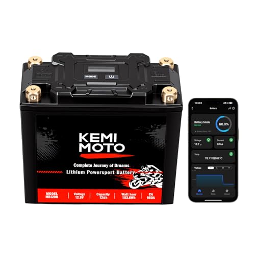 KEMIMOTO Lithium Motorcycle Battery YTX20L-BS/YTX20HL Bluetooth LiFePO4 Lithium Battery 12V 12Ah Powersports Battery with Smart APP & LCD Winter Sleep Moto Mode Compatible with Motorcycle PWC UTV