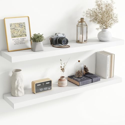 Image of 48 Inch Floating Shelves for Wall, 8 Inch Deep Floating Shelf for Storage & Display, Rustic Wall Mounted Shelf with Invisible Brackets for Living Room, Kitchen, Bathroom, Home Decor, Set of 2, White