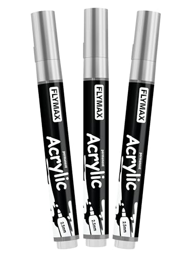 Silver Marker Paint Pens 2.5mm- Permanent Marker Pens Silver Acrylic Paint Water-Based Medium Tip Waterproof Quick-Drying (3 in 1Pack)