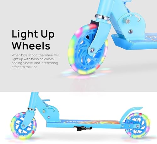 Kick Scooter for Ages 3-12, Foldable 2 Wheel Kids Scooter, Light Up Wheels | Blue, Lightweight, One-button Fold, Kickstand, 3 Adjustable Handlebar, Rear Brake, Christmas Birthday Gifts for Girls Boys — view 4