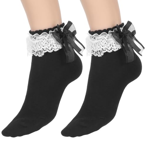 Image of Tyqour 1 Pair Ruffle Socks Women Black Lace Socks for Women Ankle Ruffle Frilly Socks, Comfortable and Breathable All Seasons