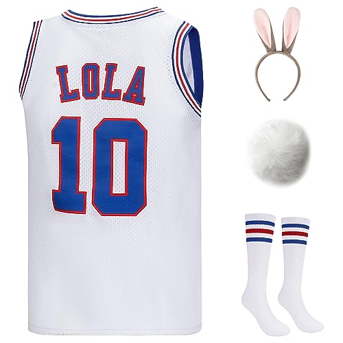 MS.ING Lola 10 Bunny Jerseys Halloween Costumes Set Space Movie Basketball Jersey with Headband Knee Socks Bunny Tail Ball (as1, alpha, m, regular, regular, White-Rabbit)