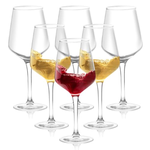 Conjunto de 6 Vasos de Vino 435 ml - en Cristal Moderno - Resistentes al Lavavajillas, Antiimpacto, Duraderos & Sonido Agradable - Transparentes para Vino Blanco y Aperitivos