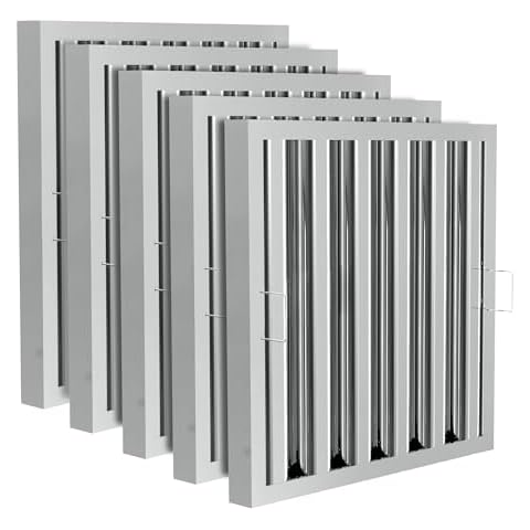 Stainless Steel Commercial Kitchen Hood Filter, Range Hood Baffle Grease Filter for Restaurant Exhaust Hoods, UL/NSF Listed, 19.5W x 19.5H Inch 5 Grooves Hood Filters（5 Pack） Cover