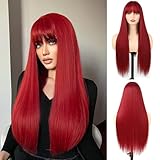 ATAYEA Red Wig with Bangs for Women 26 Inch Long Straight Wine Red Wig for Grils Heat Resistant Synthetic Natural Hair Wigs Wig for Colorful Cosplay Wig for Daily Party Use