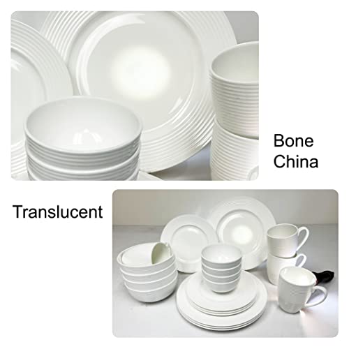 Bone China 20 Piece Dinnerware Dish Set, Service For 4, White Embossed Circle, Microwave Safe, Translucent, Elegant Giftware, Essential Home, Formal And Everyday Living, Kitchen Dishes, Dinner Set #TOP4