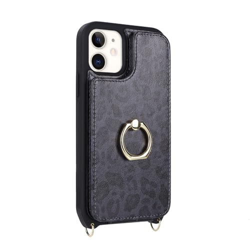 Image of for iPhone 12 Mini Case with Card Holder and Strap for Women,Crossbody Lanyard,Kickstand Ring Stand,Snap Clasp,RFID Blocking,Cute Phone Wallet Cases 5.4 inch(Black Leopard)