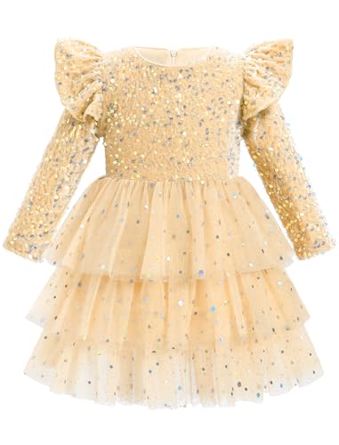 Toddler Baby Girls Sparkle Sequins Velvet Long Sleeve Glitter Tulle Tiered Dress for Xmas Fall Winter