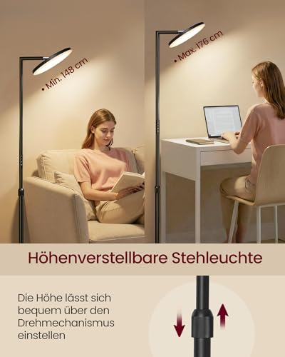VASAGLE Stehlampe Wohnzimmer, LED-Stehleuchte höhenverstellbar, Standleuchte 36W, drehbarer Lampenkopf, Schlafzimmer, Timer, Memory-Funktion, Tasten- und Fernbedienung, Mattschwarz LFL008BD02