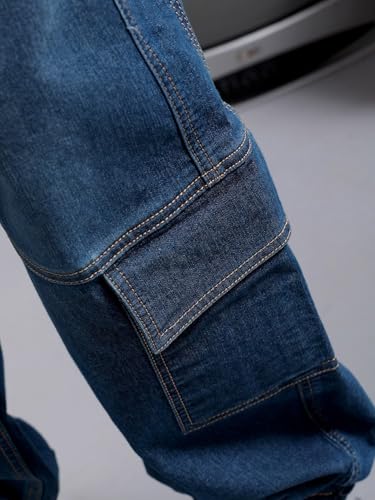 Image of The Indian Garage Co Men Loose Fit Solid Mid-Rise Stretchable Denim Joggers
