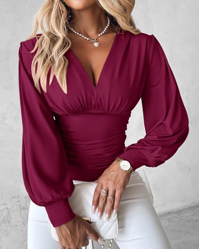 Womens V Neck Lantern Sleeve Shirt Ruched Waist Long Sleeve Blouse Solid Color Casual Classic Stylish Basic Everyday Top3