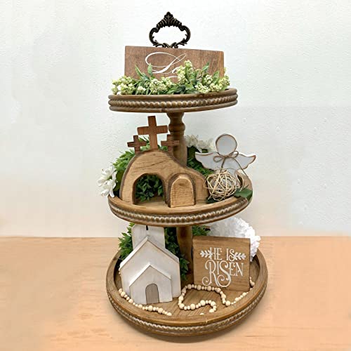 Jesus Tomb Easter Tray Bundle Kit, Wooden Easter Jesus Sign Tiered Tray Decorations, Farmhouse Rustic Tiered Tray Items, Easter Decor for Indoor Home Table Mantle Office (B)