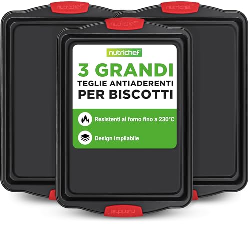 Nutrichef Teglie Forno 3 Pezzi, Teglie Da Forno Per Pizza, Pane, Dolci, Biscotti, Acciaio Carbonio, Antiaderente 43.6X30X1.8 Cm