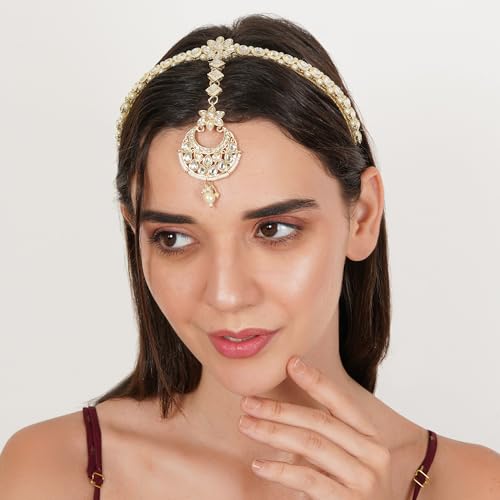 Image of Kundan Design Hairband With Attached Mang Tika Gold-Plated Celebrity Wedding Party Headband Hair Accessories Hairband Mathapatti Jewellery for Women and Girls